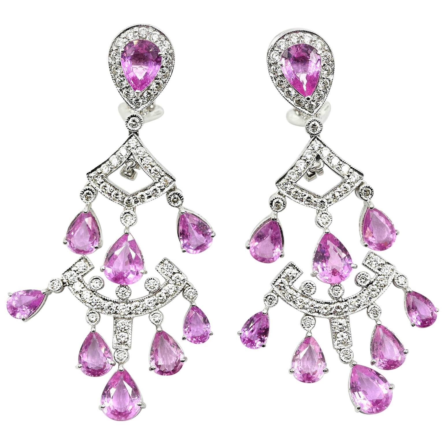 18k White Gold 9.00cttw Pink Sapphire and Diamond Dangle Earrings