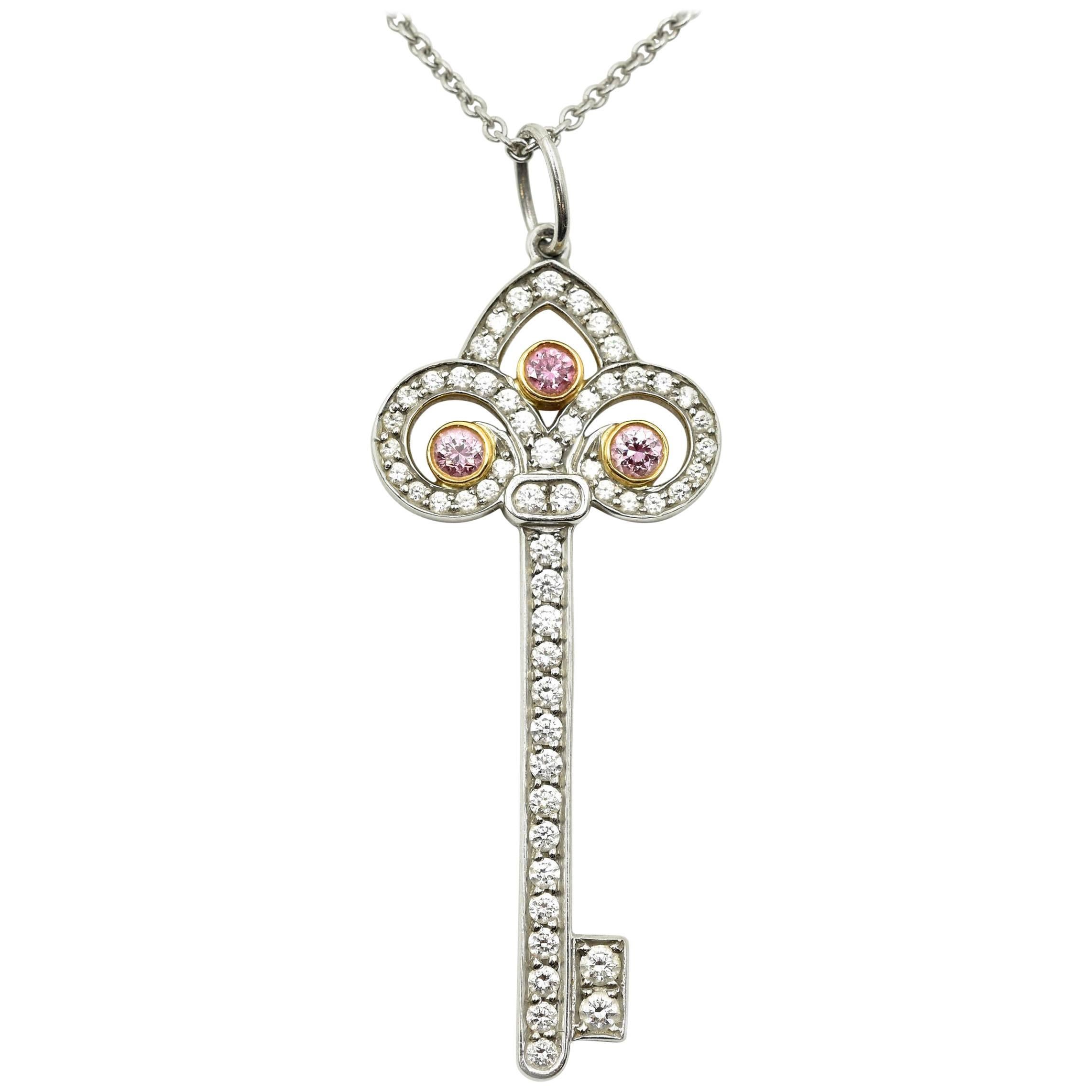 Tiffany & Co Fleur de Lis Pink and White Diamond Platinum Key Pendant Necklace