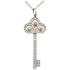 Tiffany and Co Fleur de Lis Pink and White Diamond Platinum Key Pendant ...