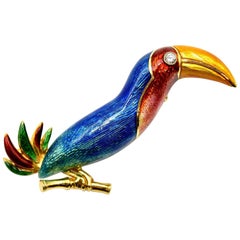Bulgari 1970s Toucan Enamel and Diamond 18 Karat Yellow Gold Pin/Pendant