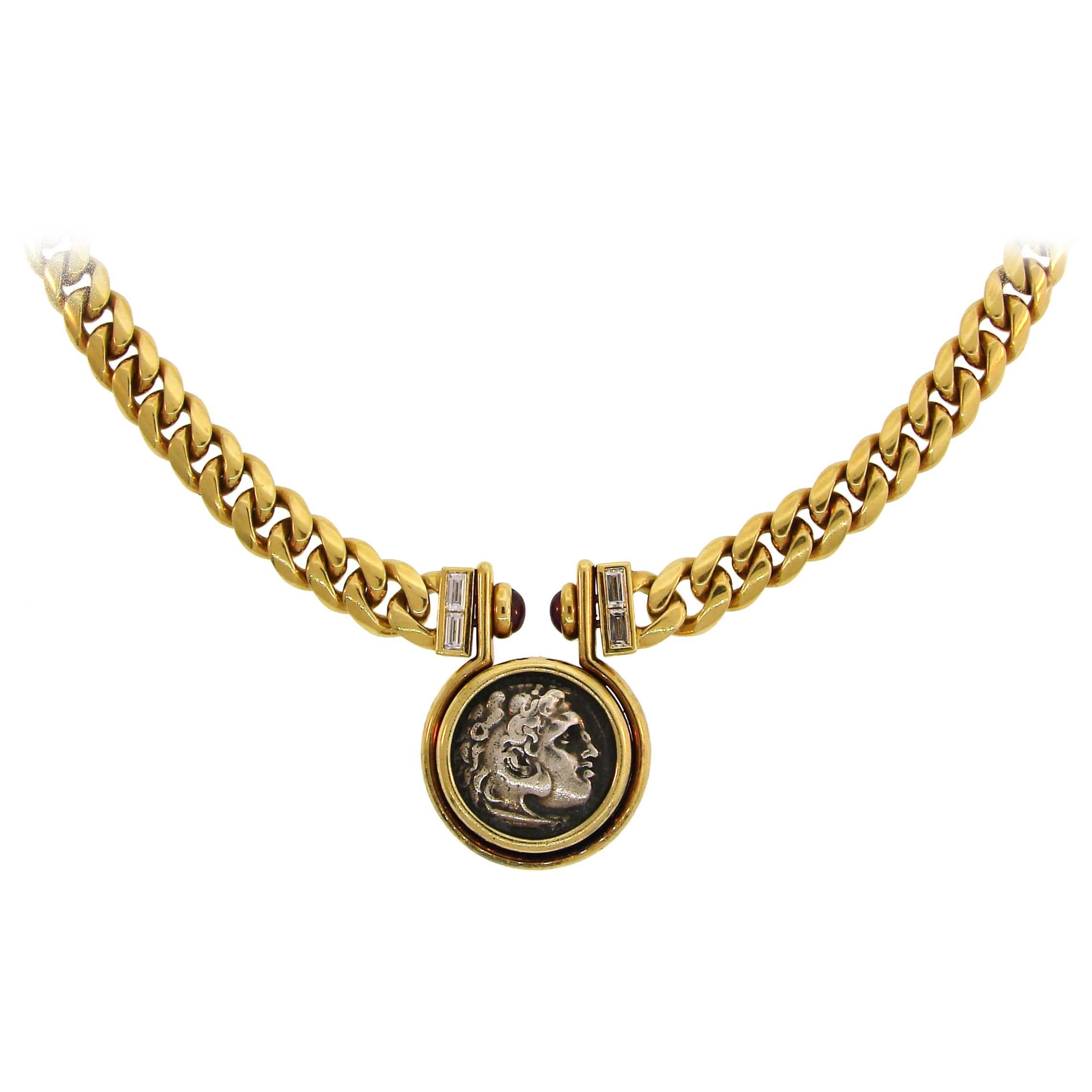 Bulgari Silver Coin Yellow Gold Necklace with Diamond Ruby Bvlgari