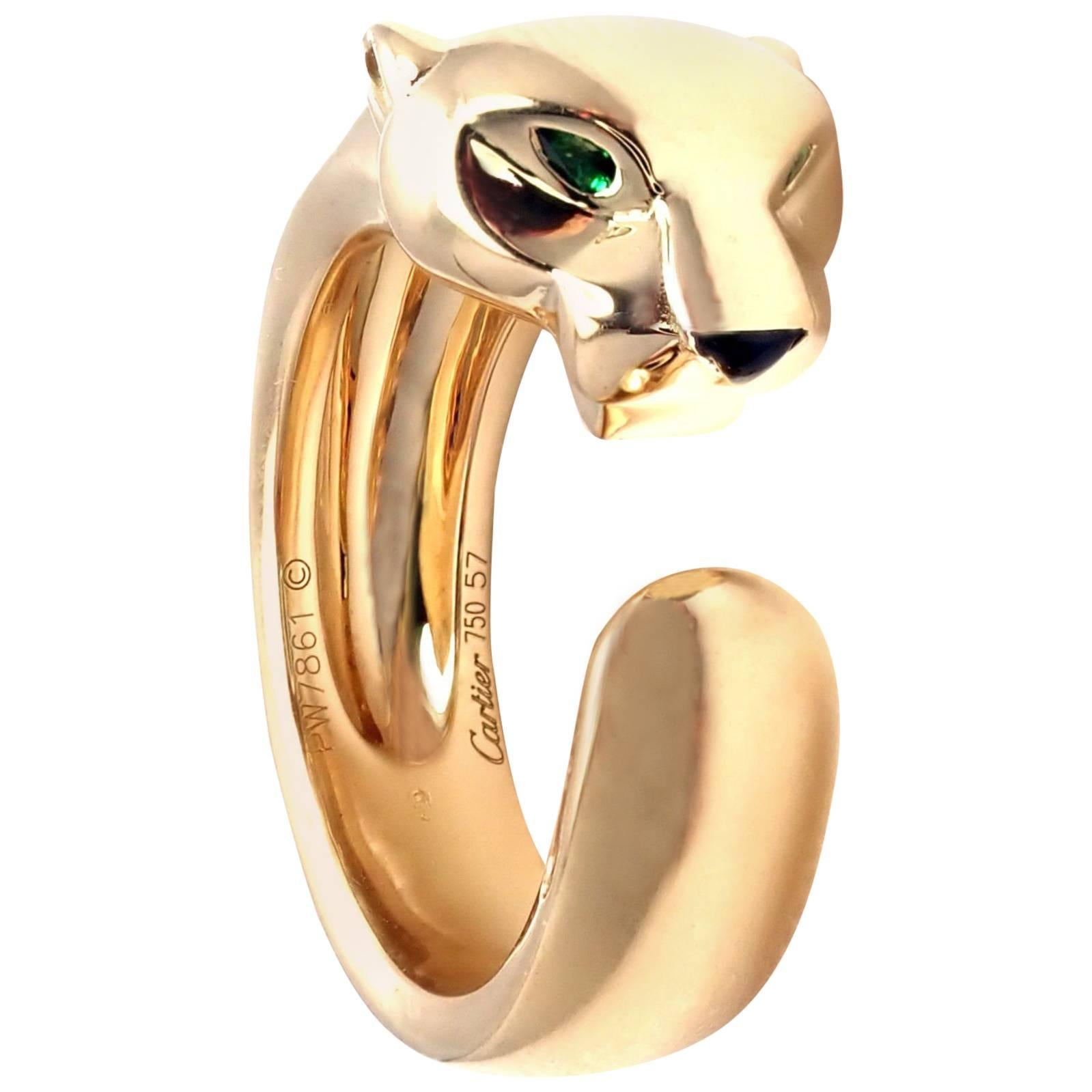 Cartier Panther Panthere Tsavorite Garnet Onyx Yellow Gold Band Ring