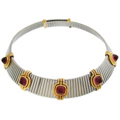 Vintage Bulgari Pink Tourmaline Gold Stainless Steel Tubogas Necklace Bvlgari, 1980s