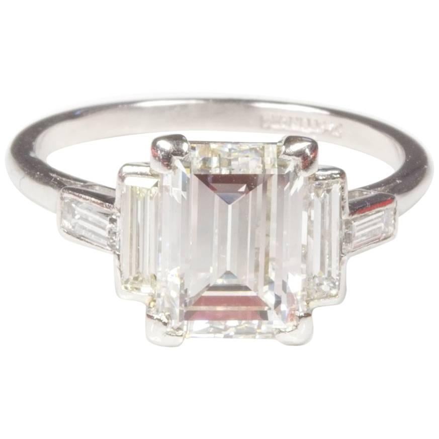 Art Deco Platinum Baguette Diamond Engagement Ring 3.27ct For Sale