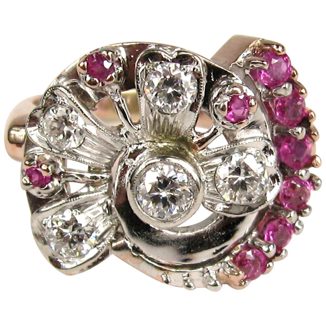 Diamond Ruby 14 Karat Rose and White Gold Ring, 1940s Art Deco For Sale