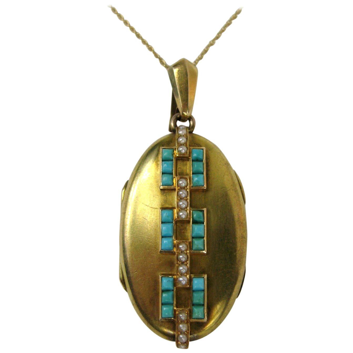 14 Karat Gold Turquoise and Seed Pearl Antique Locket, 1880s