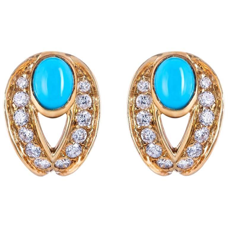 Boucheron Turquoise 18 Karat Yellow Gold Diamond Earrings