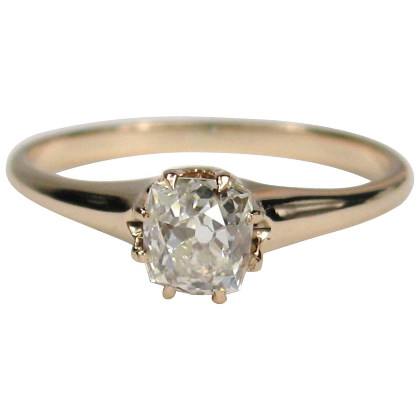 Antique Rose Gold Cushion Cut Diamond Engagement Ring 