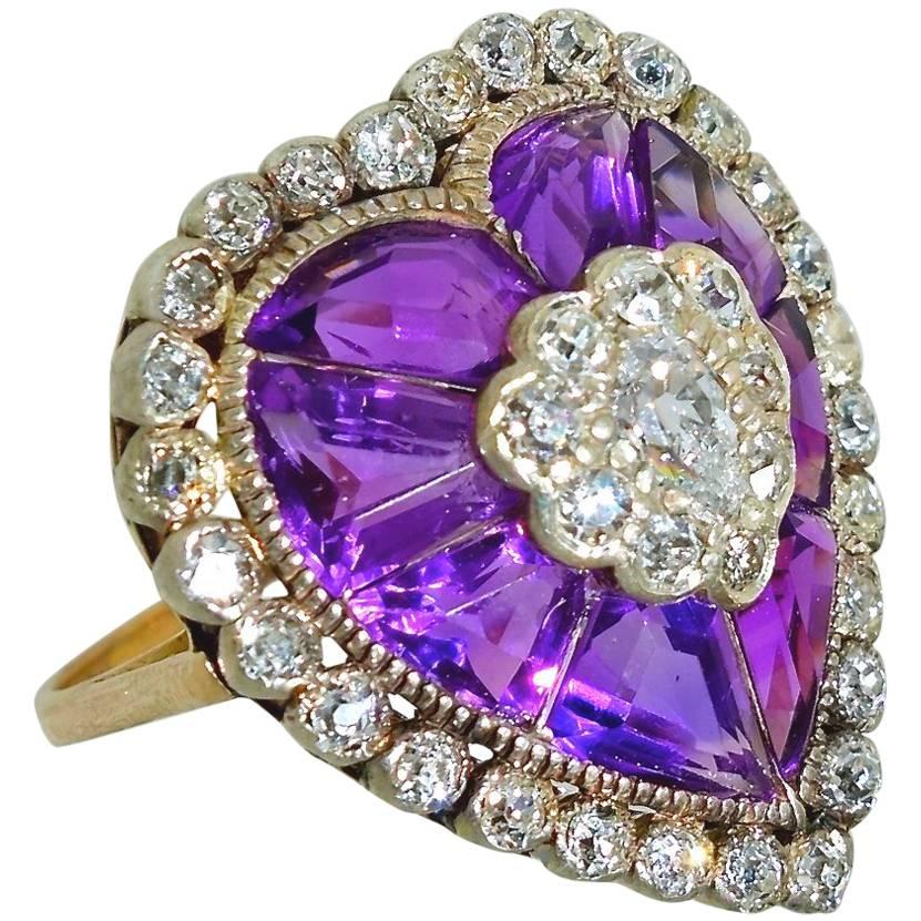 Antique Ring with Fancy Cut Amethysts and Diamonds 