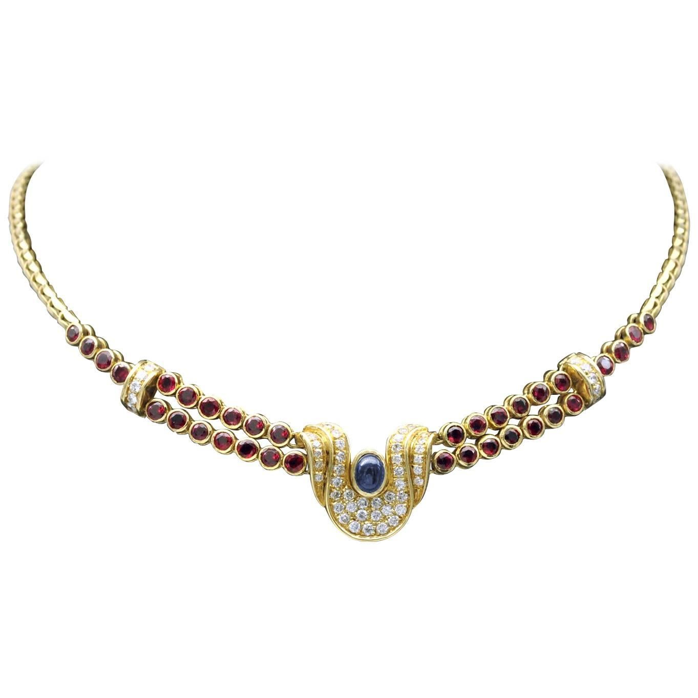 Sapphire Ruby and Diamond Gold necklace