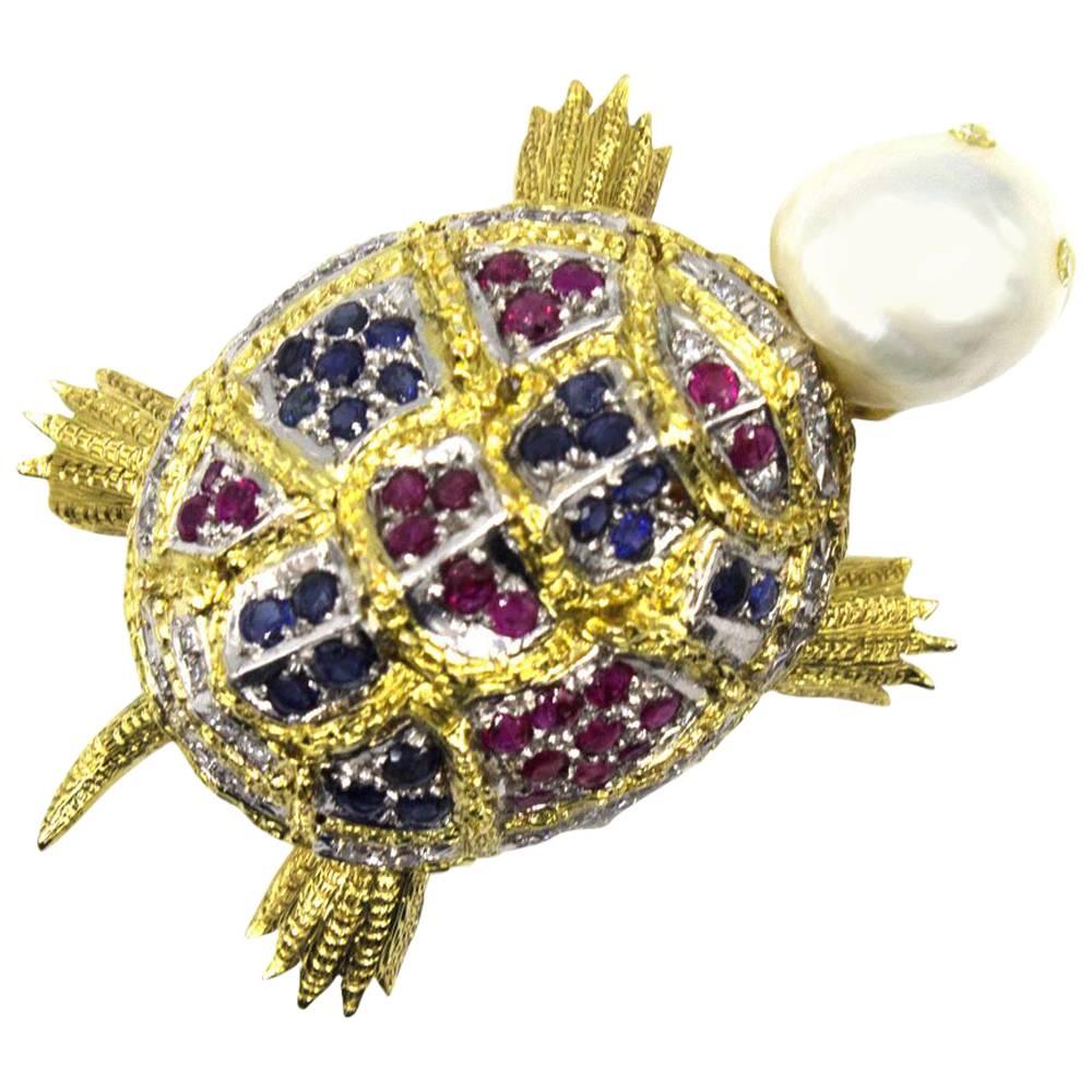 Diamond Sapphire Ruby Pearl Turtle Brooch Pin