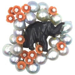 1960's Diamond Coral Pearl Carved Obsidian Elephant Pin Brooch Signed E. Pearl