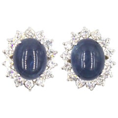 Blue Cabochon Sapphire Diamond 18 Karat White Gold Earrings
