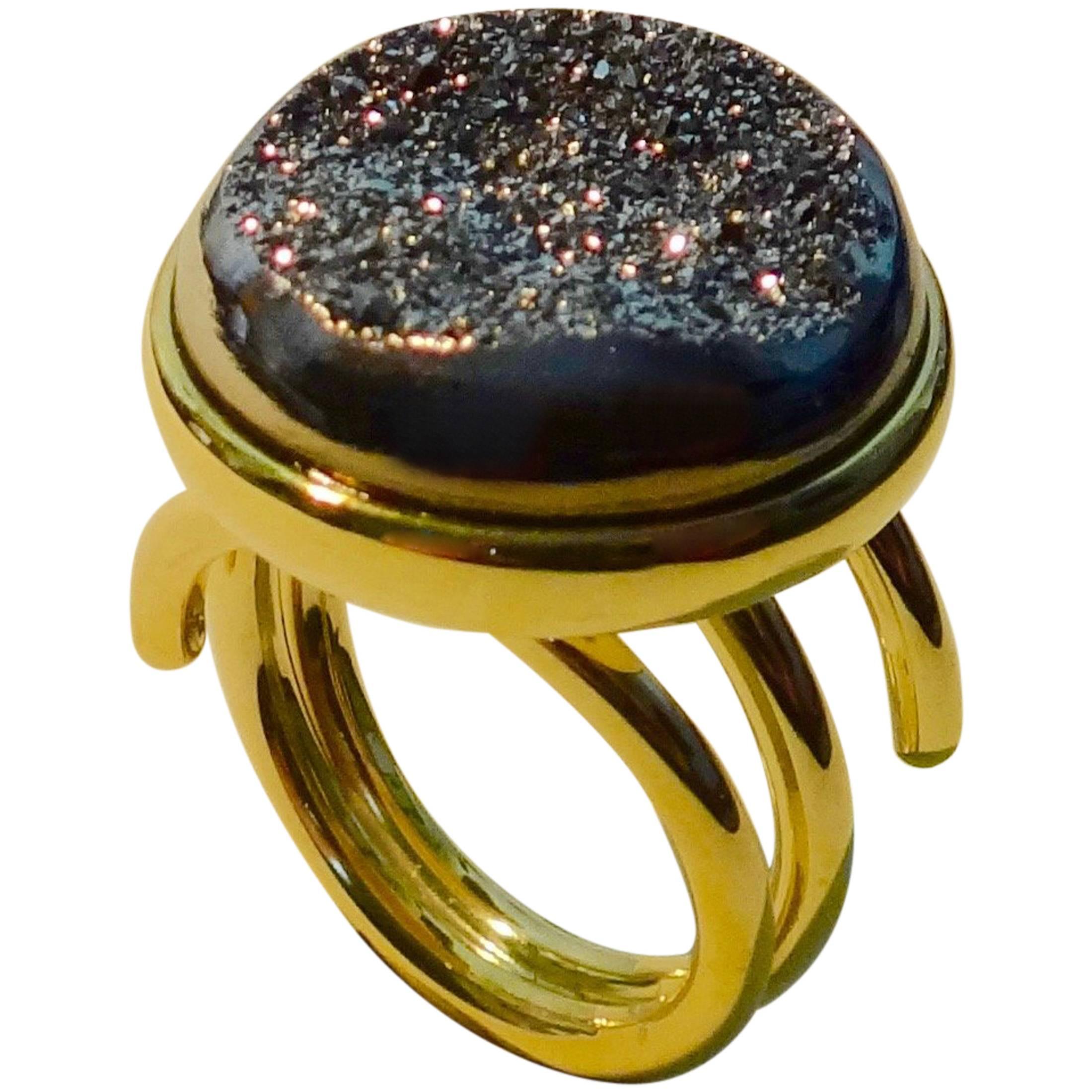 Michael Kneebone Druzy Quartz 18 Karat Yellow Gold Spring Ring