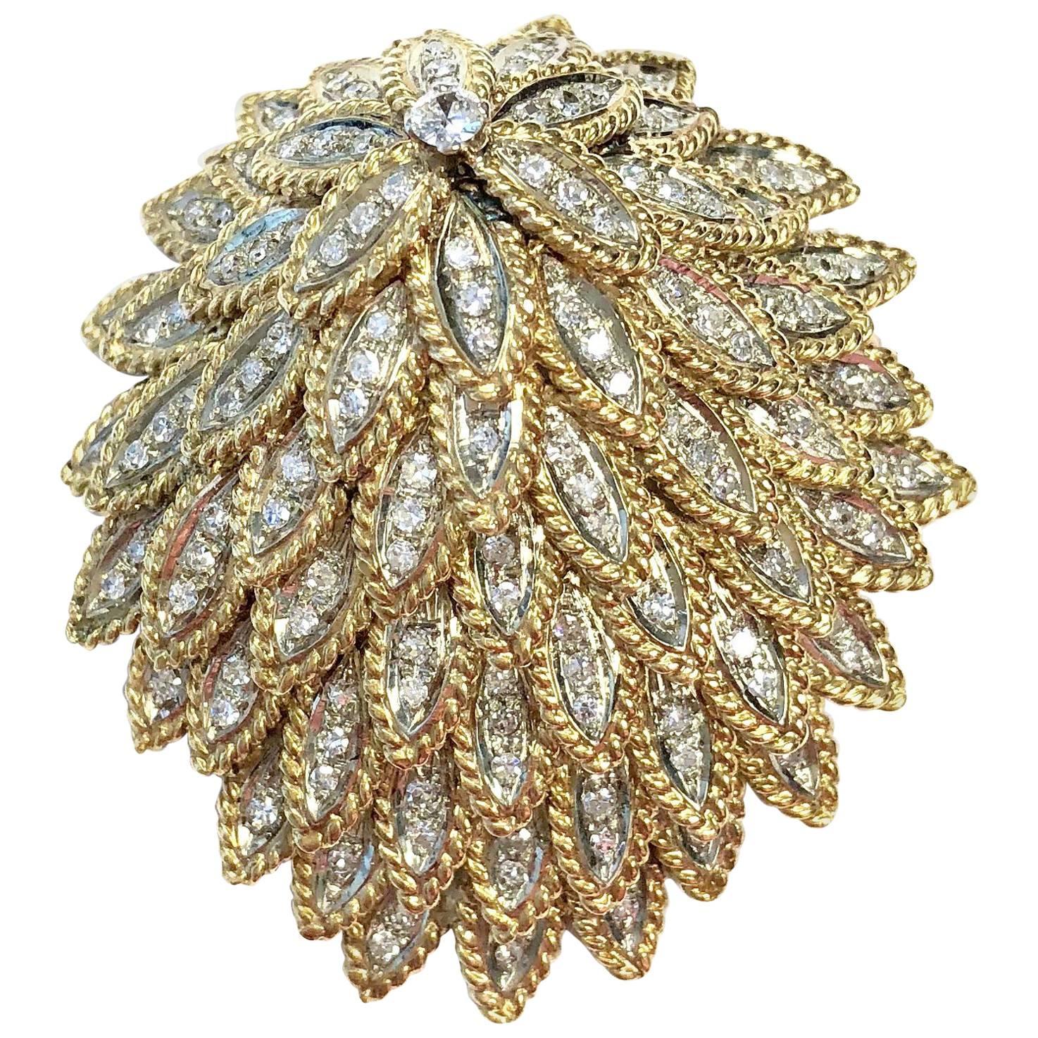 Vintage 4 Carats of Diamonds Gold Feather Brooch Pin