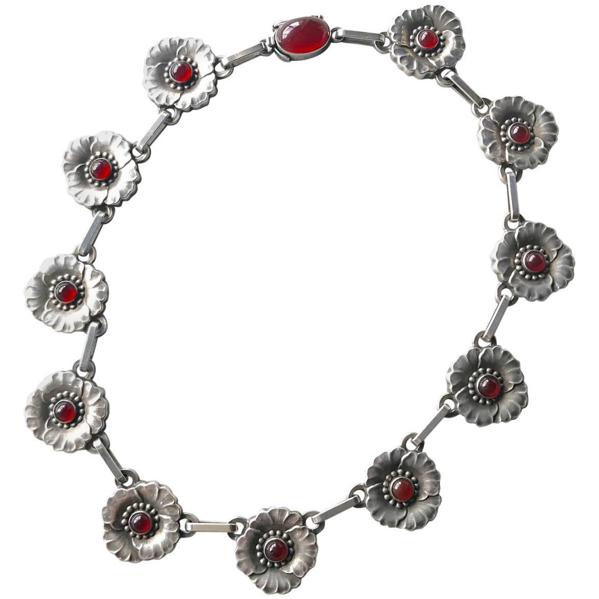 Georg Jensen Sterling Silver Flower Necklace No 30A with Carnelian Cabochons For Sale