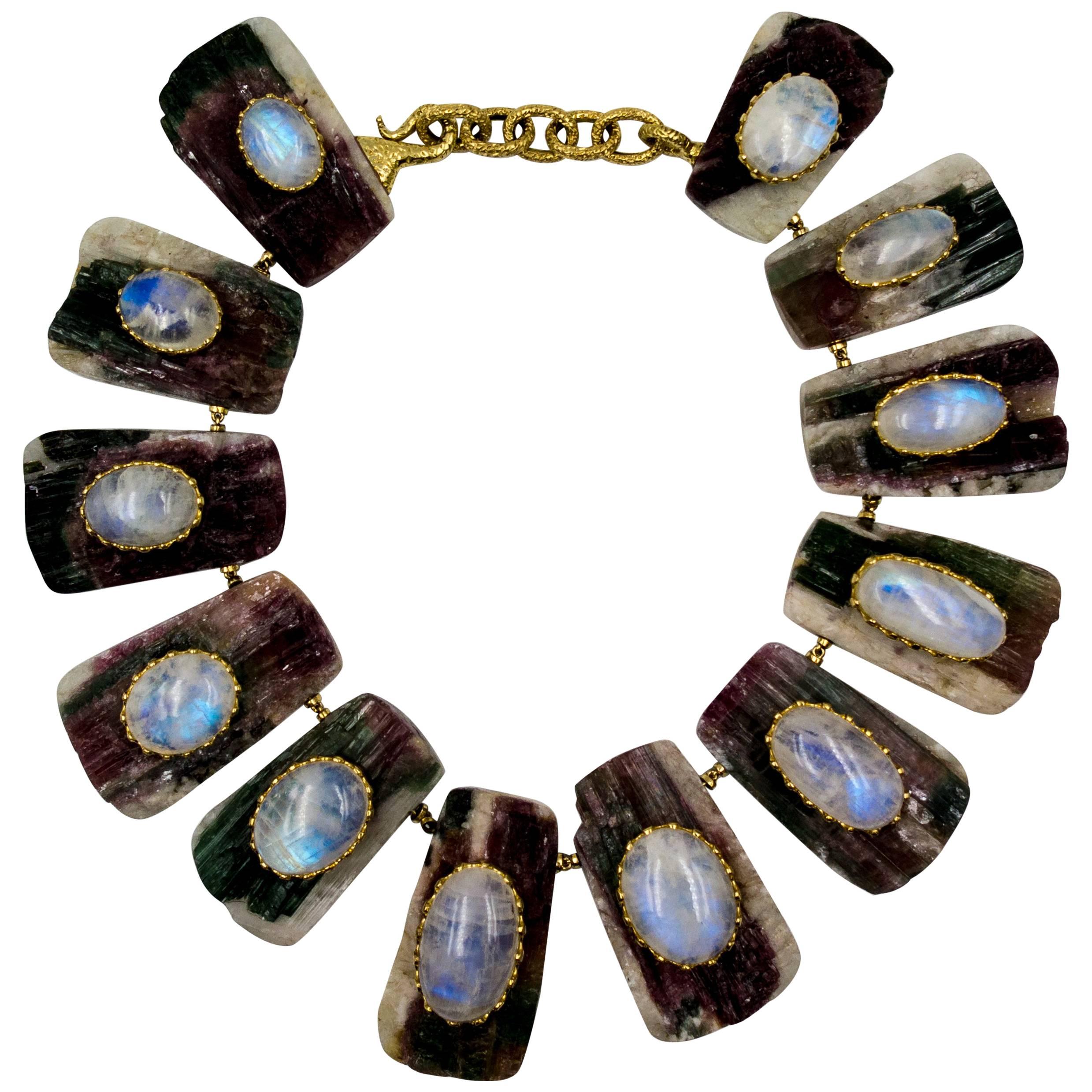 Tony Duquette Gold Moonstone Bicolor Tourmaline Necklace