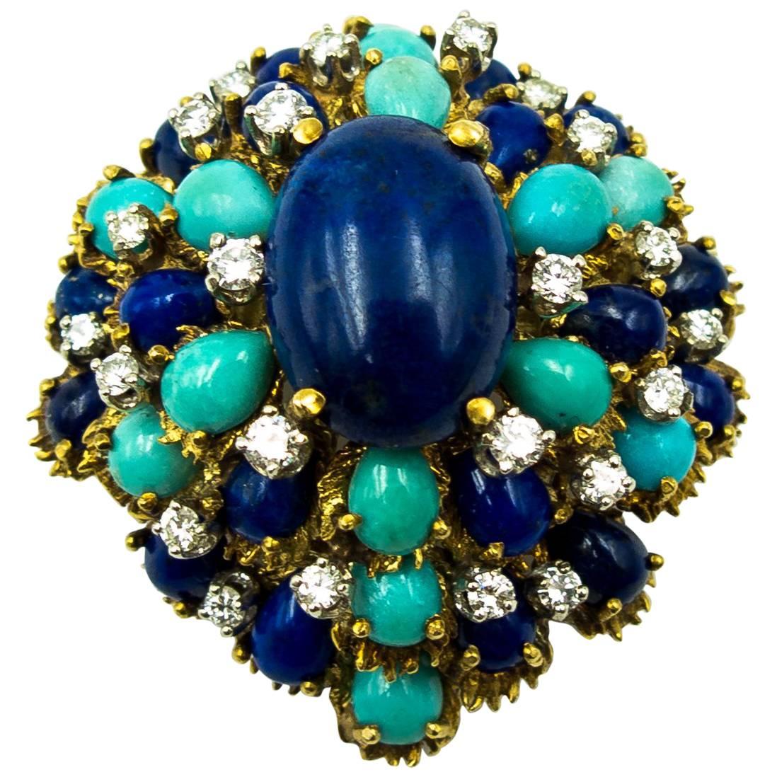 Turquoise Lapis Diamond Gold Cocktail Brooch