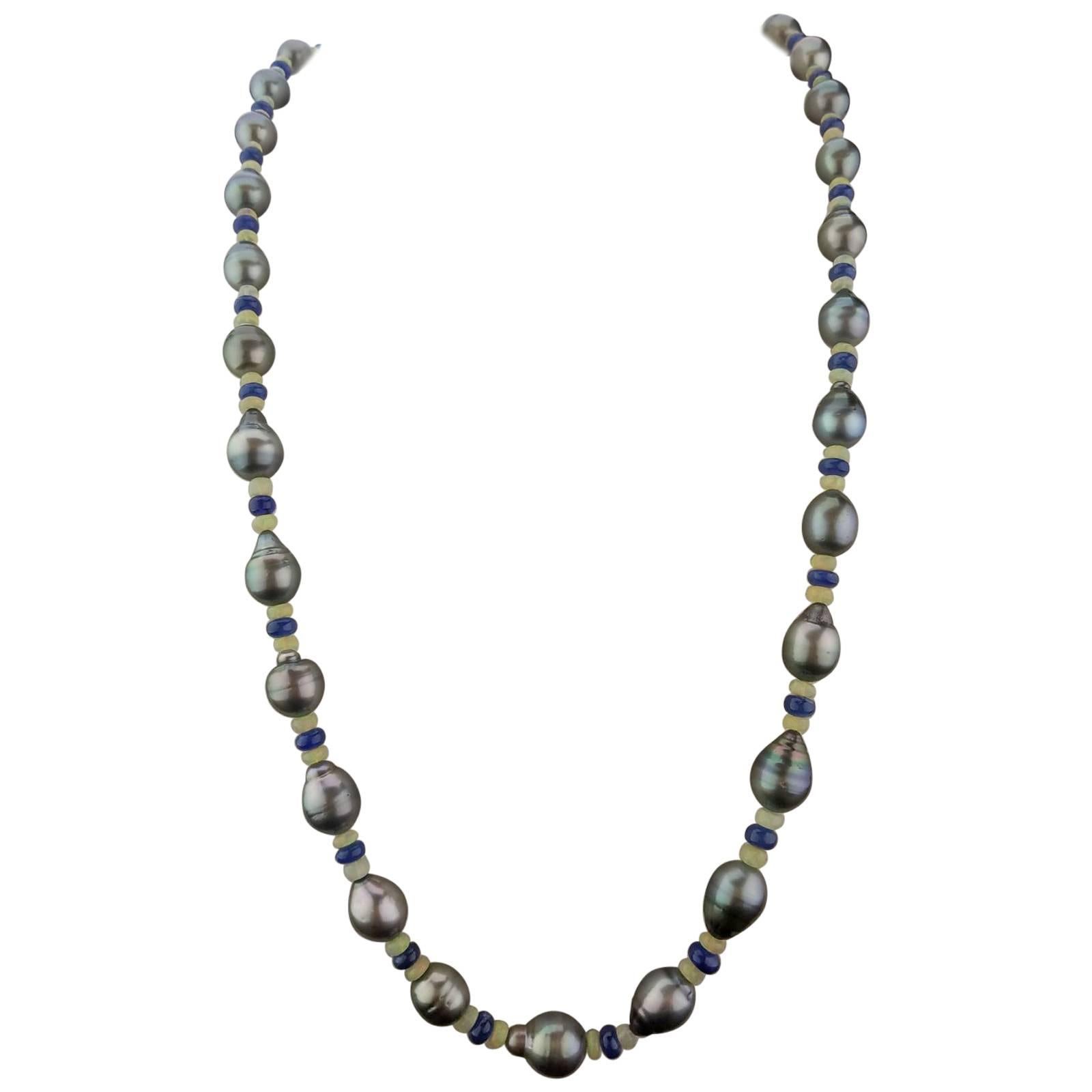 Pearl, Opal and Blue Sapphire Beaded Necklace
