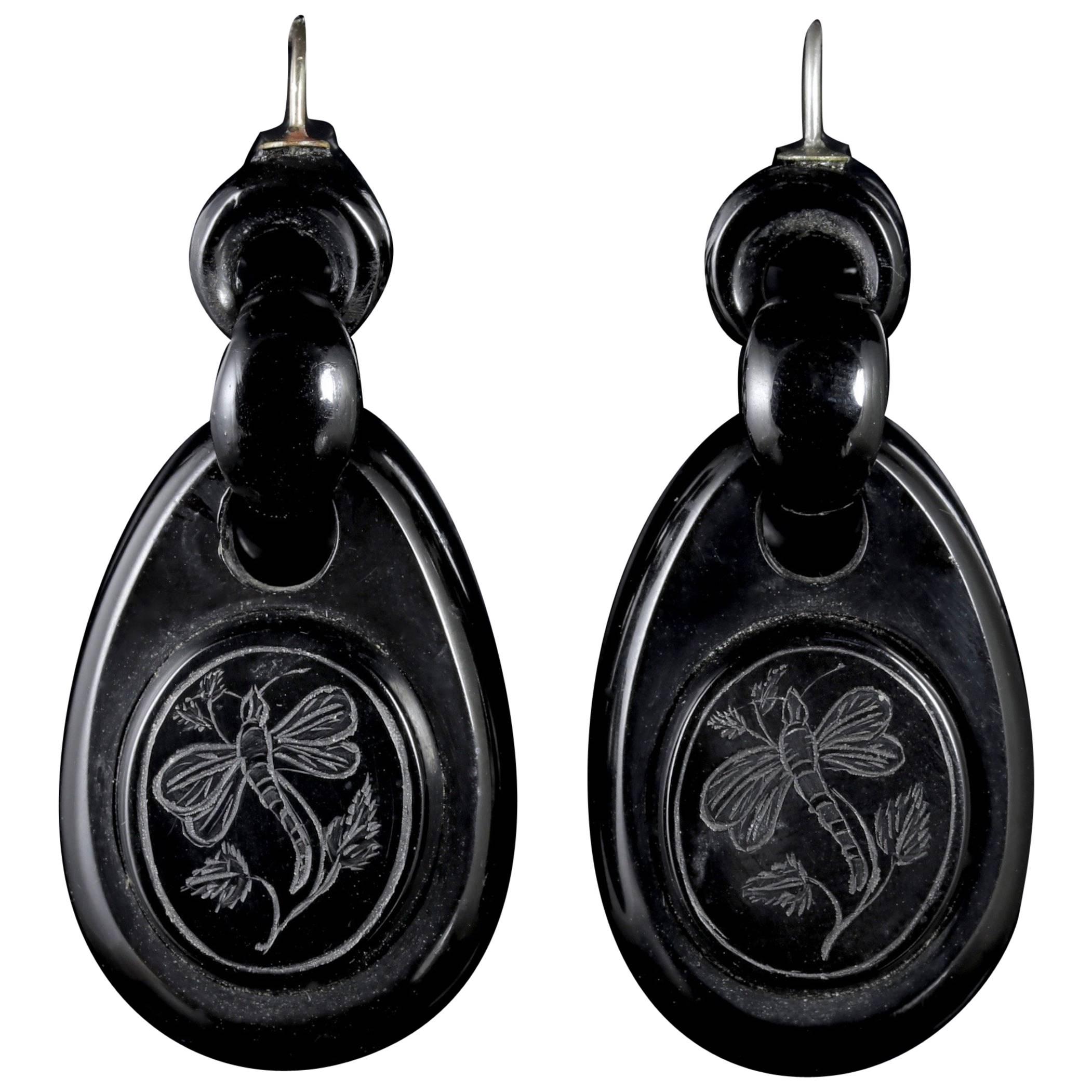 Antique Victorian Whitby Jet Dragonfly Drop Earrings Circa 1860