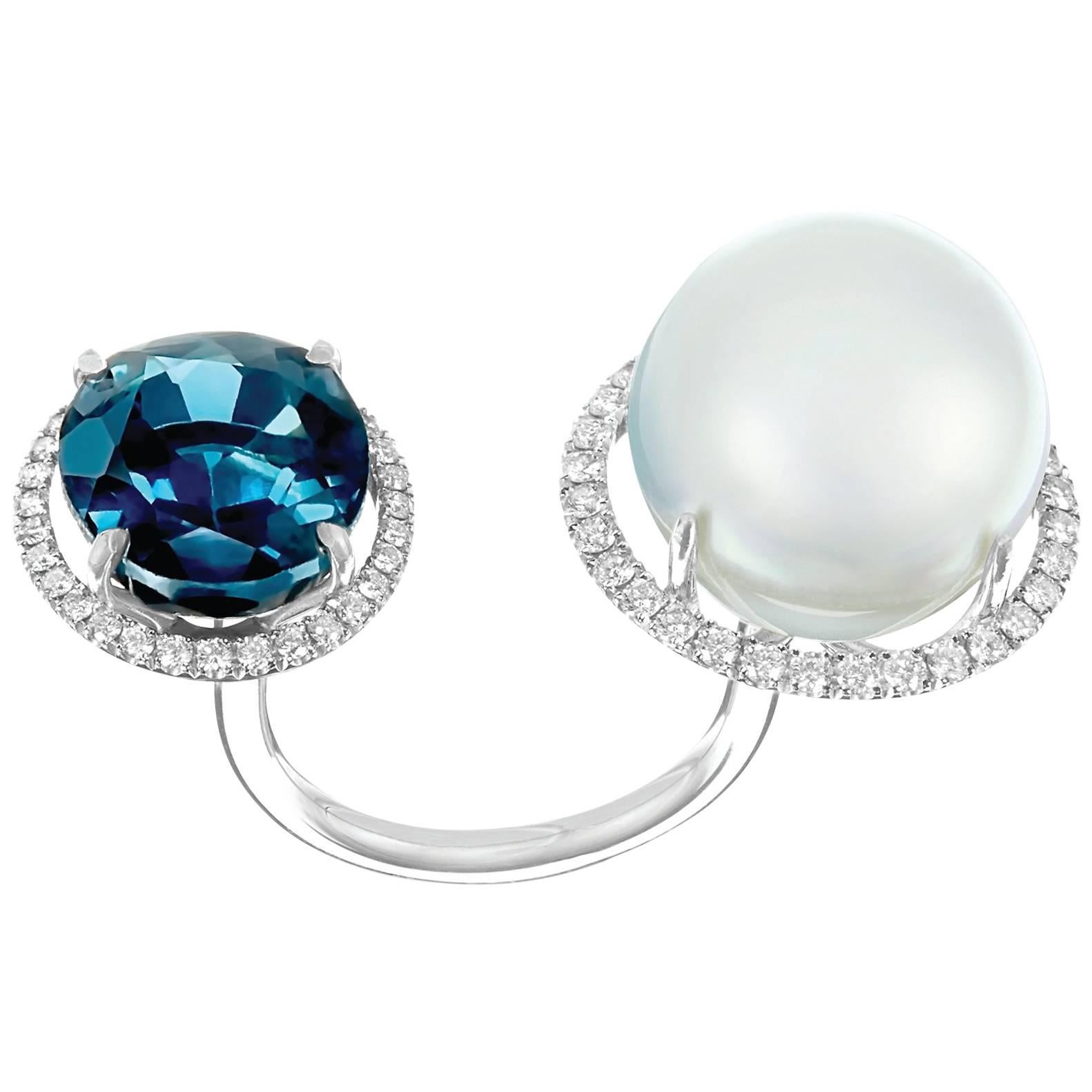 Nadine Aysoy 18K White Gold, Blue Topaz and South Sea Pearl Diamond Ring For Sale