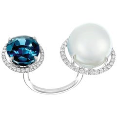 Nadine Aysoy 18K White Gold, Blue Topaz and South Sea Pearl Diamond Ring