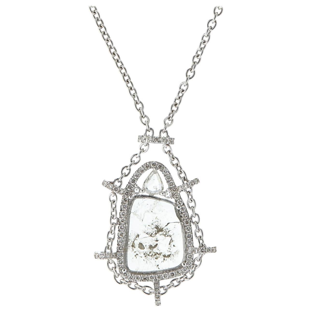 Manpriya B 18 Karat White Gold Rose Cut and Slice Diamond Pendant Chain Necklace