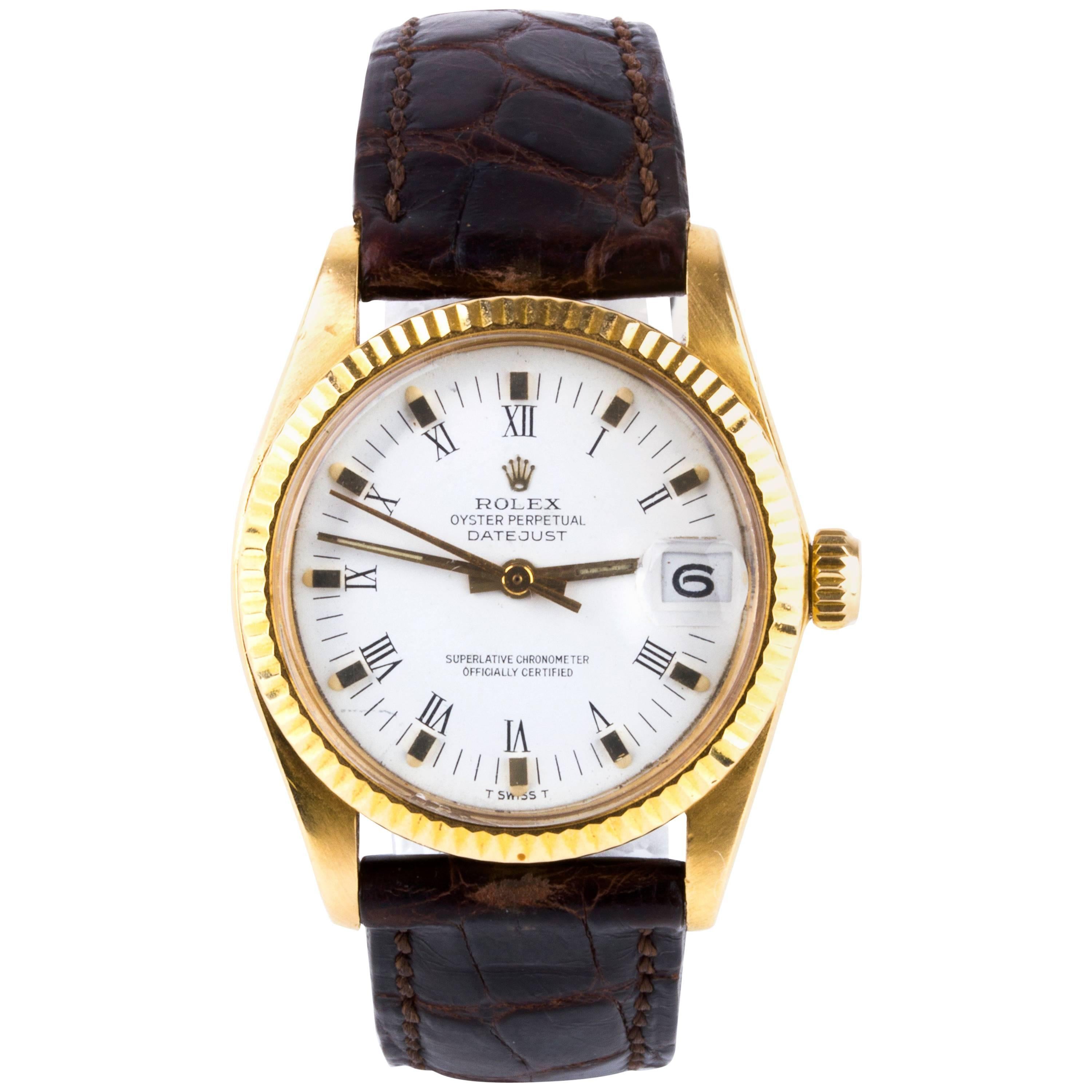 Rolex Oyster Datejust Gold White Dial Wristwatch, 31 mm Ref. 6827, circa 1985 For Sale