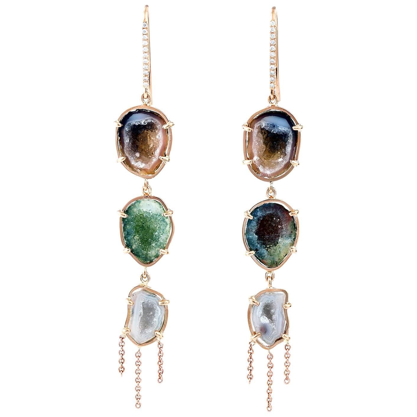 Karolin Rose Gold Agate Geode Pavé Drop earrings with White Diamonds Hook