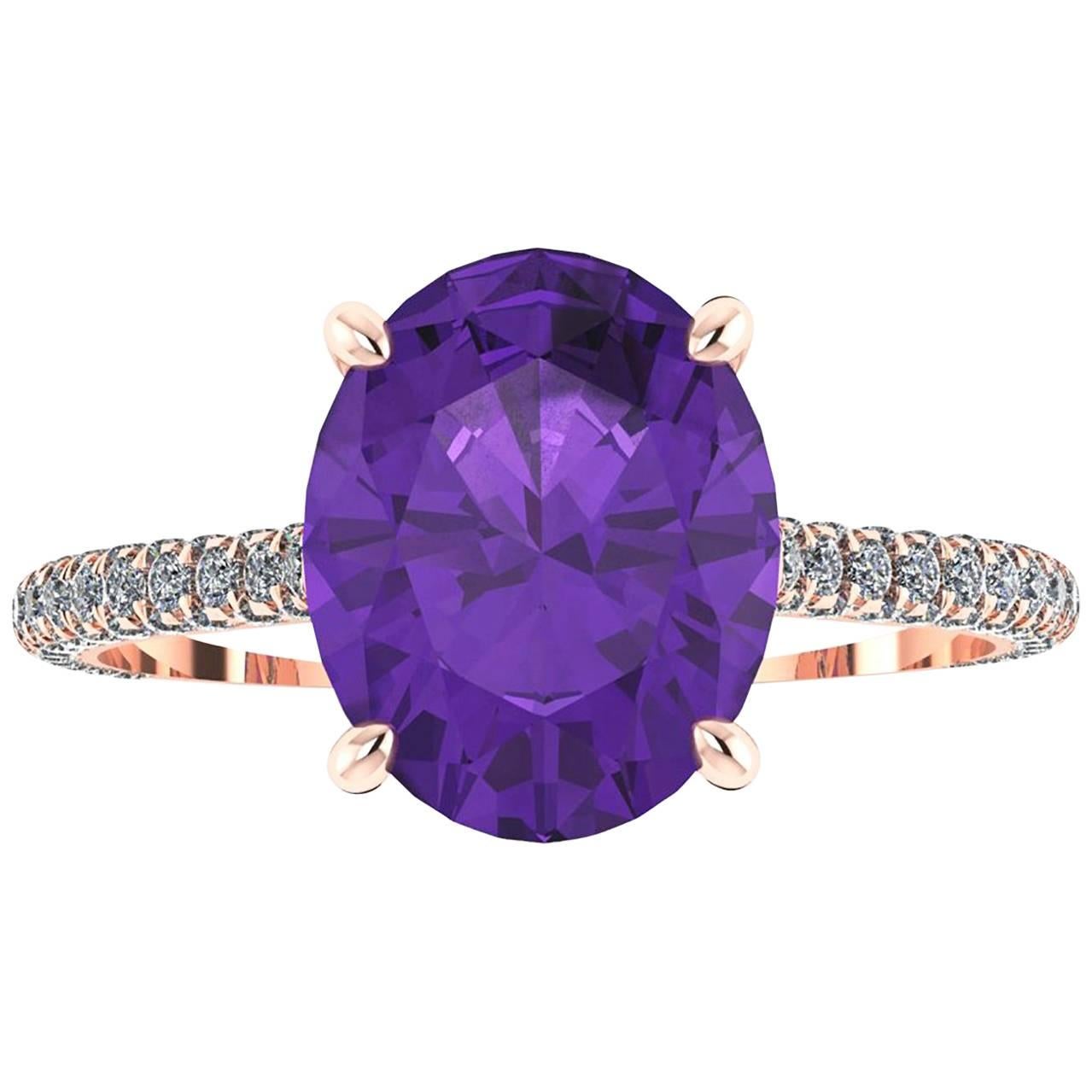 Ferrucci Natural Purple Oval Amethyst and White Diamonds 18 Karat Rose Gold Ring For Sale