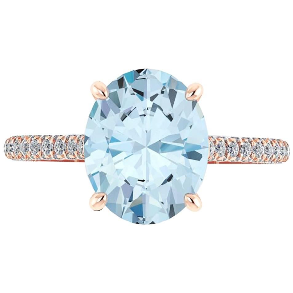 2.22 carat Oval Blue Aquamarine 0.50 carat White Diamonds 18 Karat rose Gold For Sale