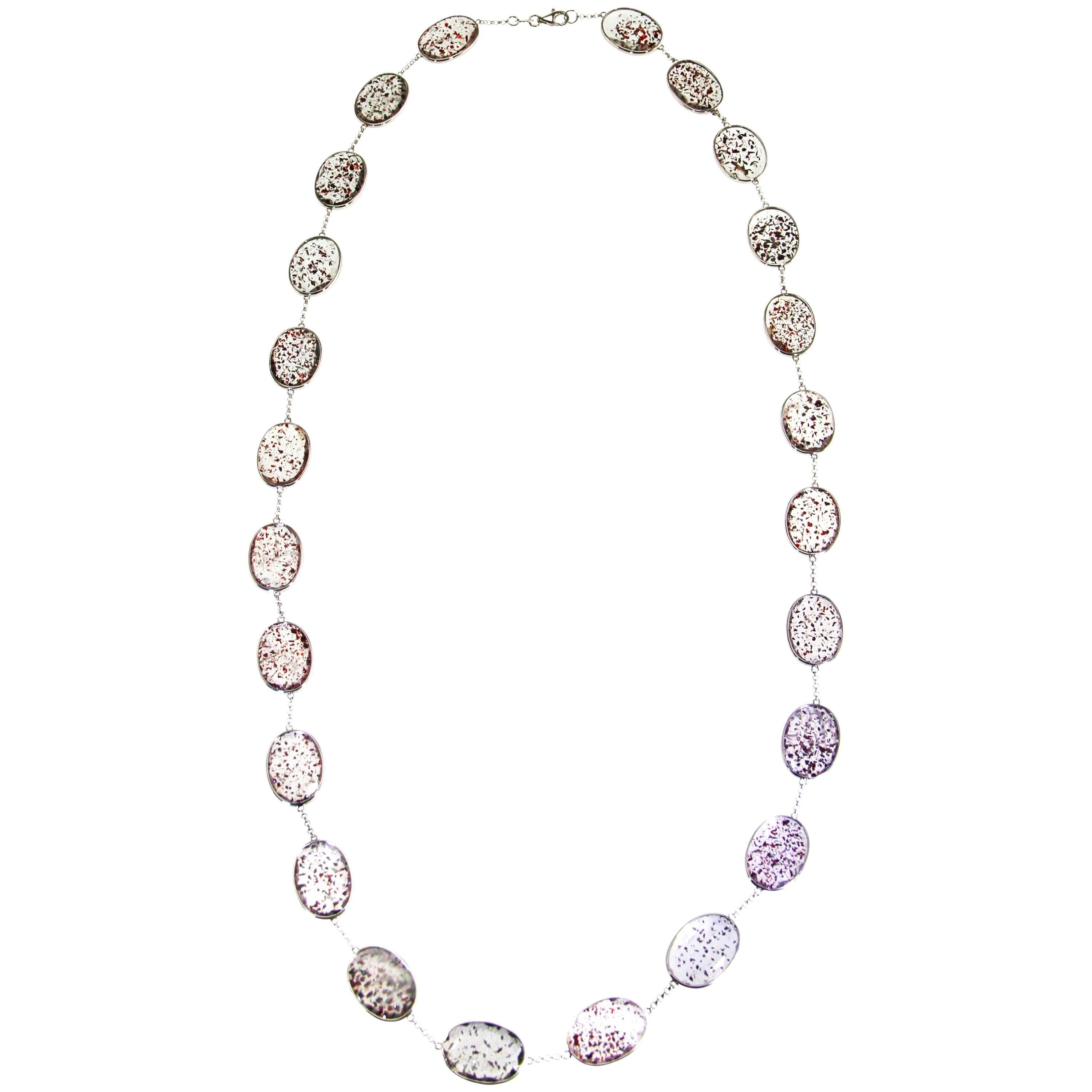 Sagenitic Quartz and White Gold Long Chain Necklace For Sale