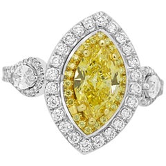GIA Certified Fancy Intense Yellow Diamond Double Halo Two Color Gold Ring