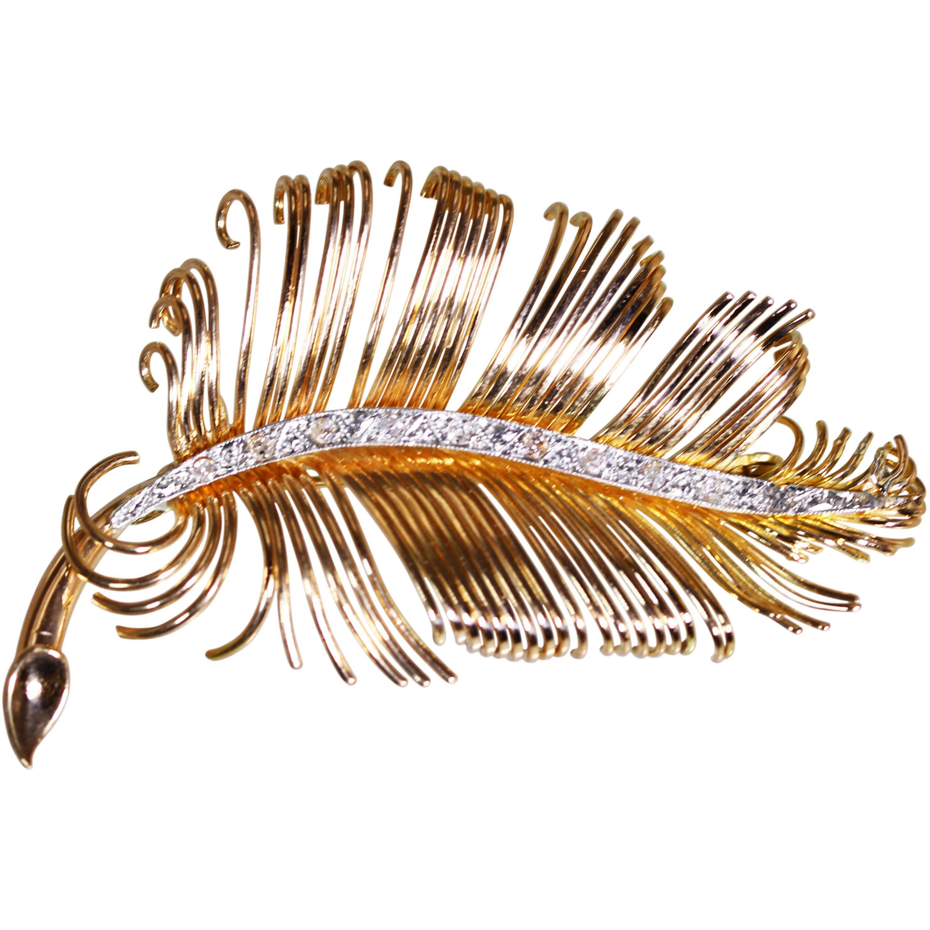 Diamond and Rose Gold Feather Brooch