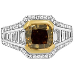 GIA Certified Fancy Orangish Brown Diamond Halo Two Color Gold Cocktail Ring