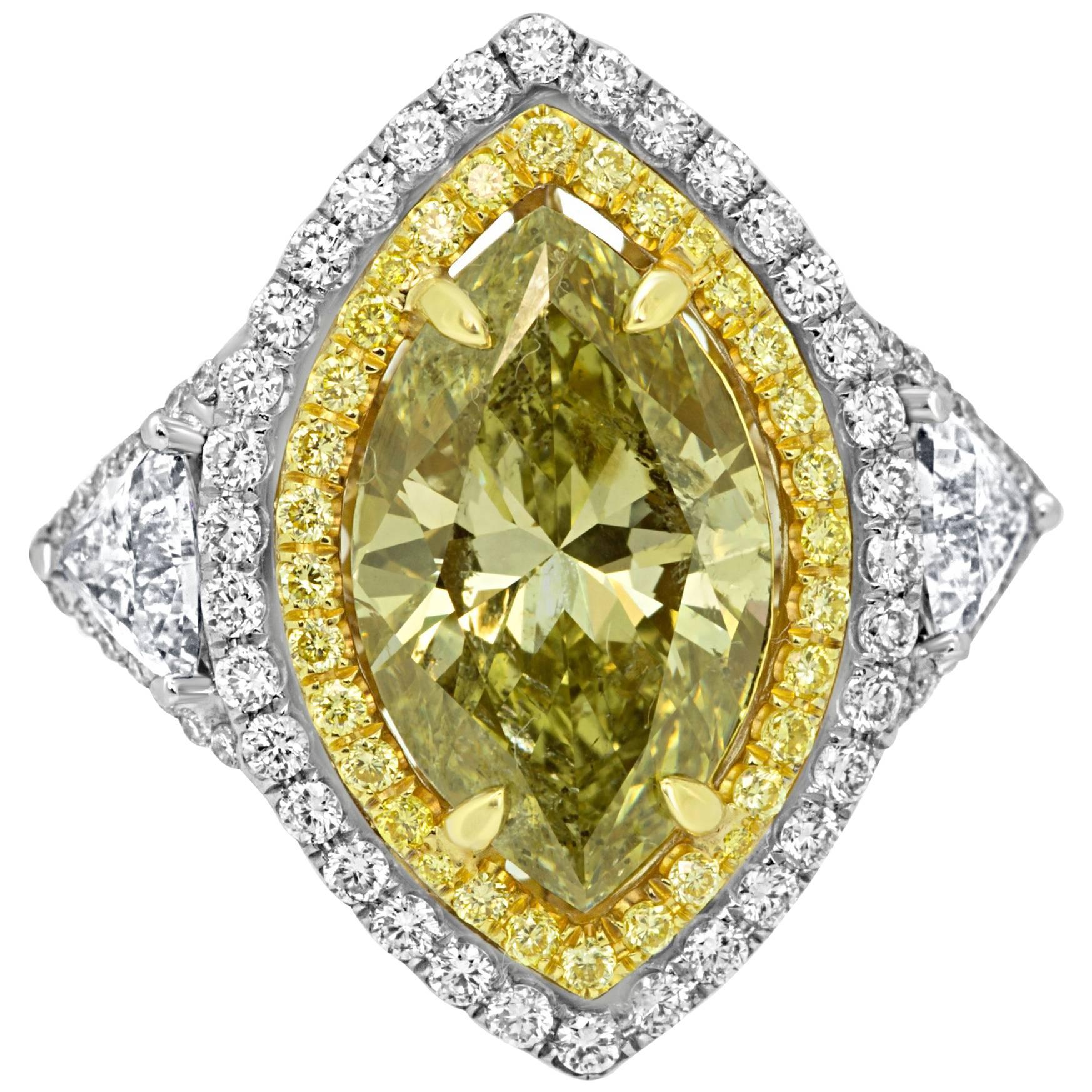 GIA Certified 4.03 Carat Chameleon Diamond Double Halo Three Stone Gold Ring