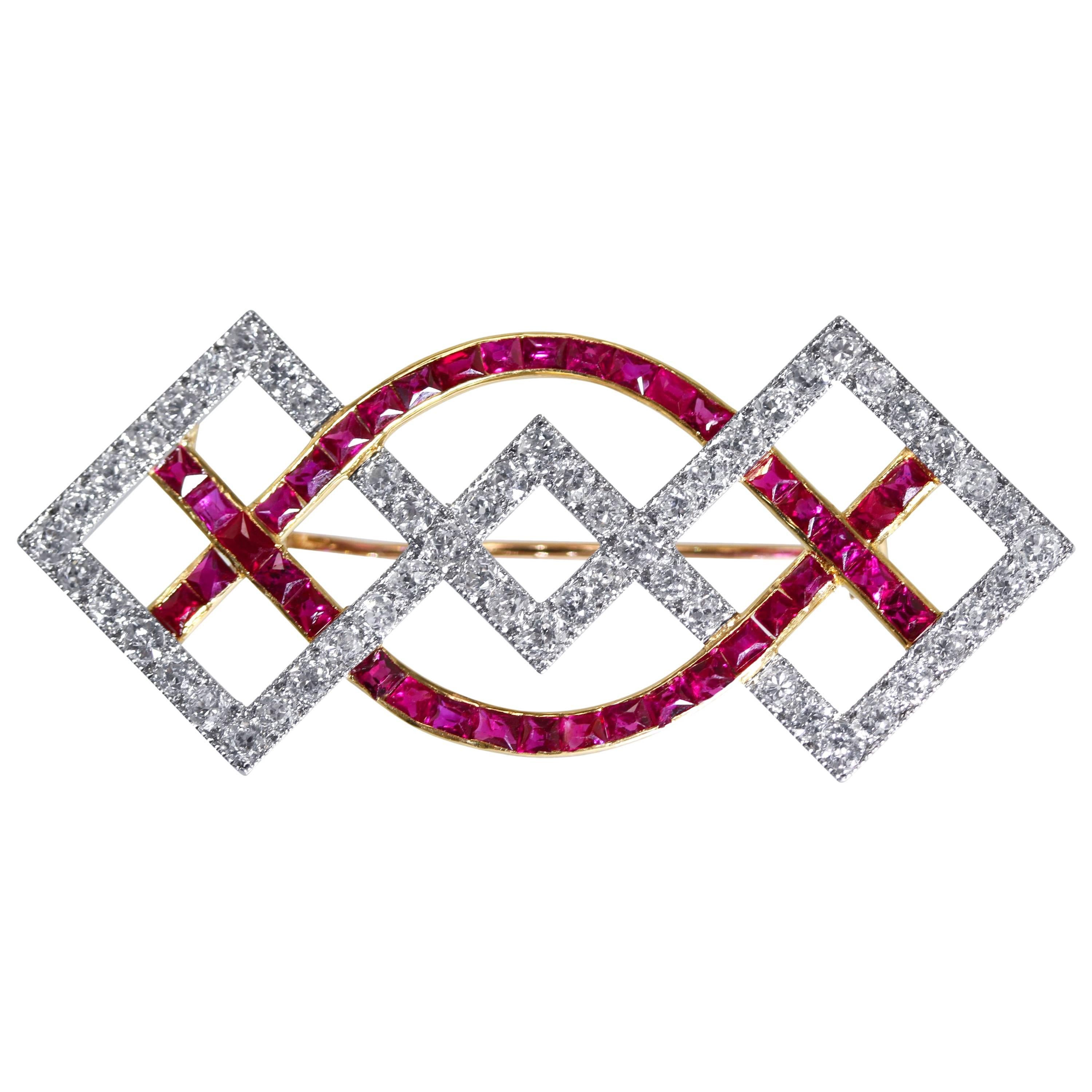 Art Deco Cartier Ruby and Diamond Brooch For Sale