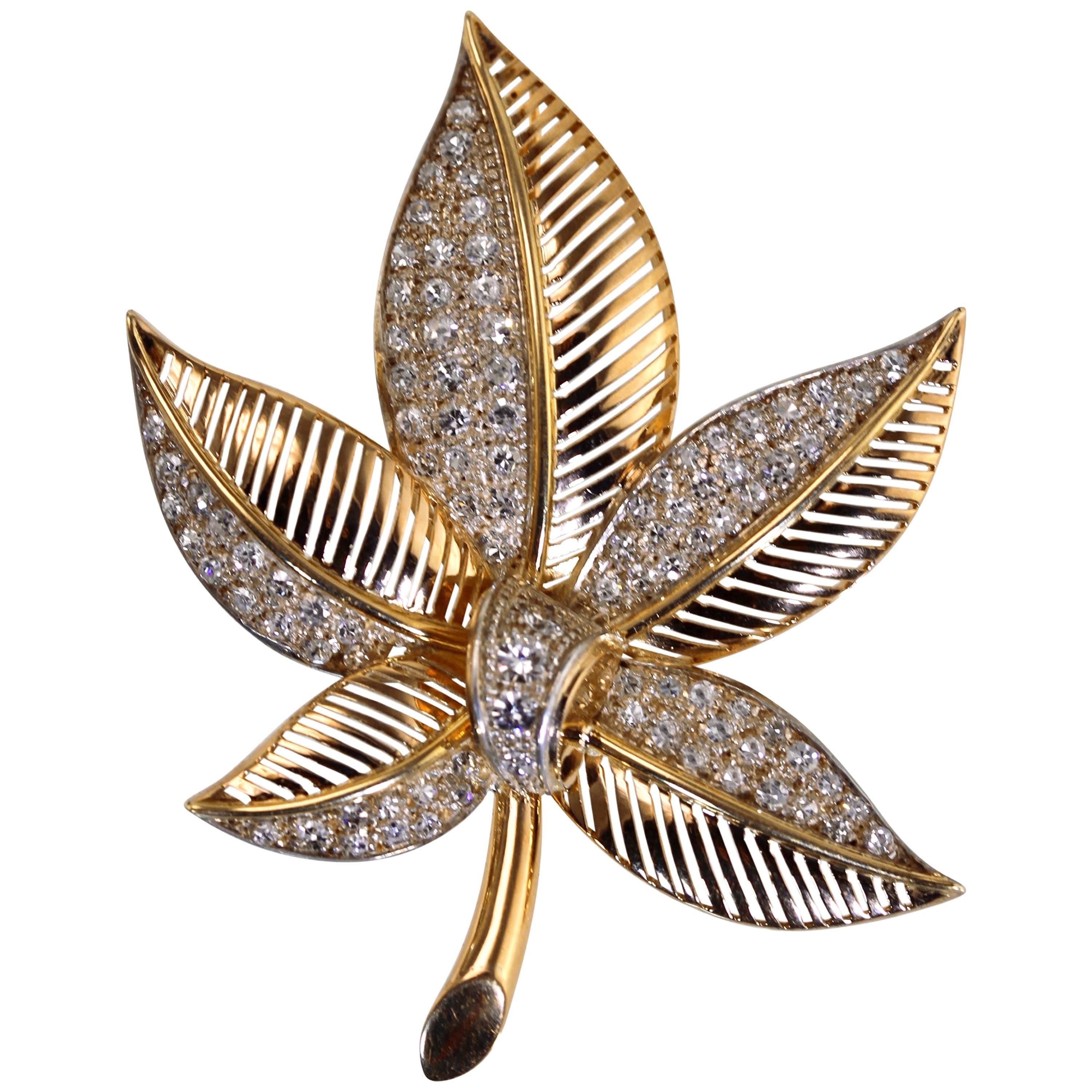 Diamond and Two-Tone Gold Leaf Brooch