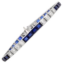  Art Deco Sapphire Diamond Platinum Linear Design Link Bracelet
