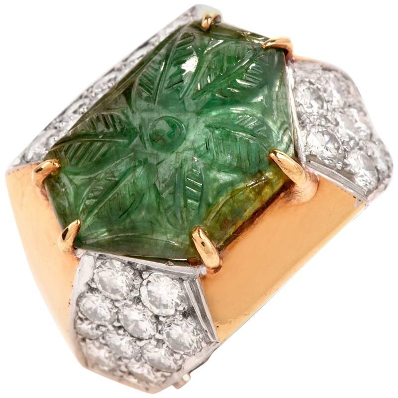 1970's Carved Emerald Diamond Yellow Gold Cocktail Ring