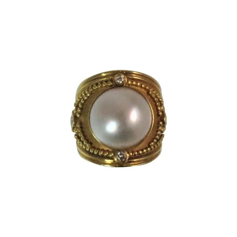 18K Yellow Gold and Mabe Pearl  and Diamond Ring
