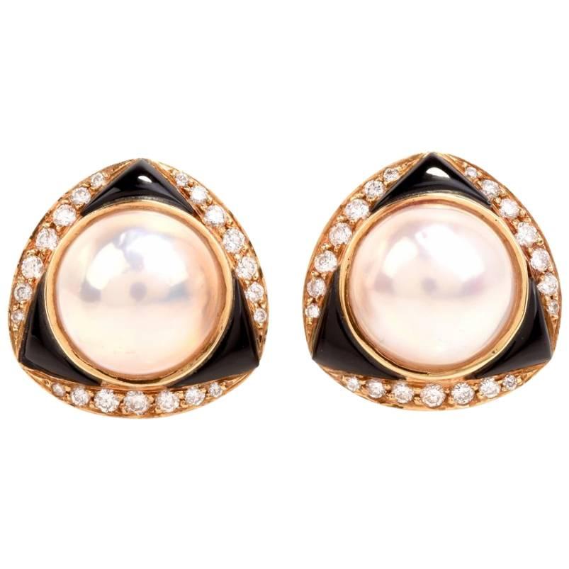 1980's Mabe Pearl Diamond Onyx Clip-Back Earrings Signed 'Elan' Hamid