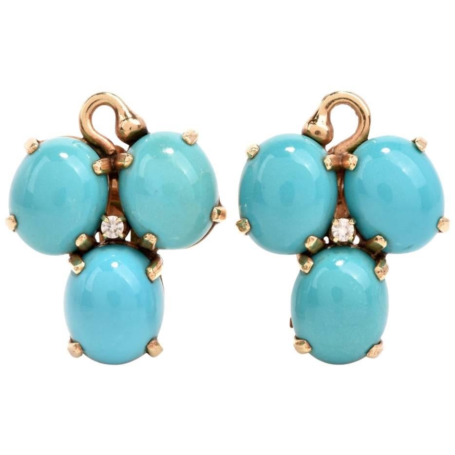 1970's Persian Turquoise Cabochon Diamond Yellow Gold Earrings