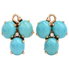 Vintage 1970's Persian Turquoise Cabochon Diamond Yellow Gold Earrings