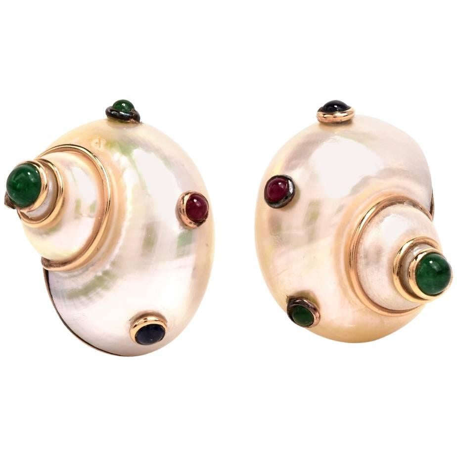 Maz Shell Ruby Sapphire Emerald 14-Karat Gold Earrings