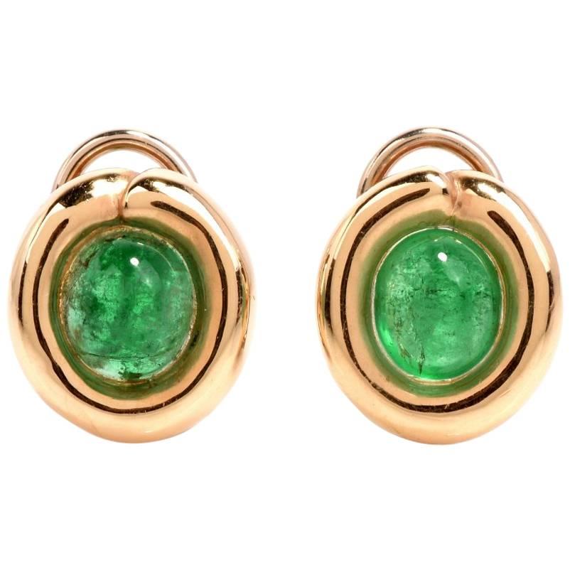 Cabochon Emerald 14 Karat Gold Oval Stud Earrings