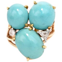 1960s Persian Cabochon Turquoise Diamond Yellow Gold Ring