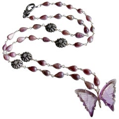 Silverite White Topaz Amethyst Butterfly Necklace 