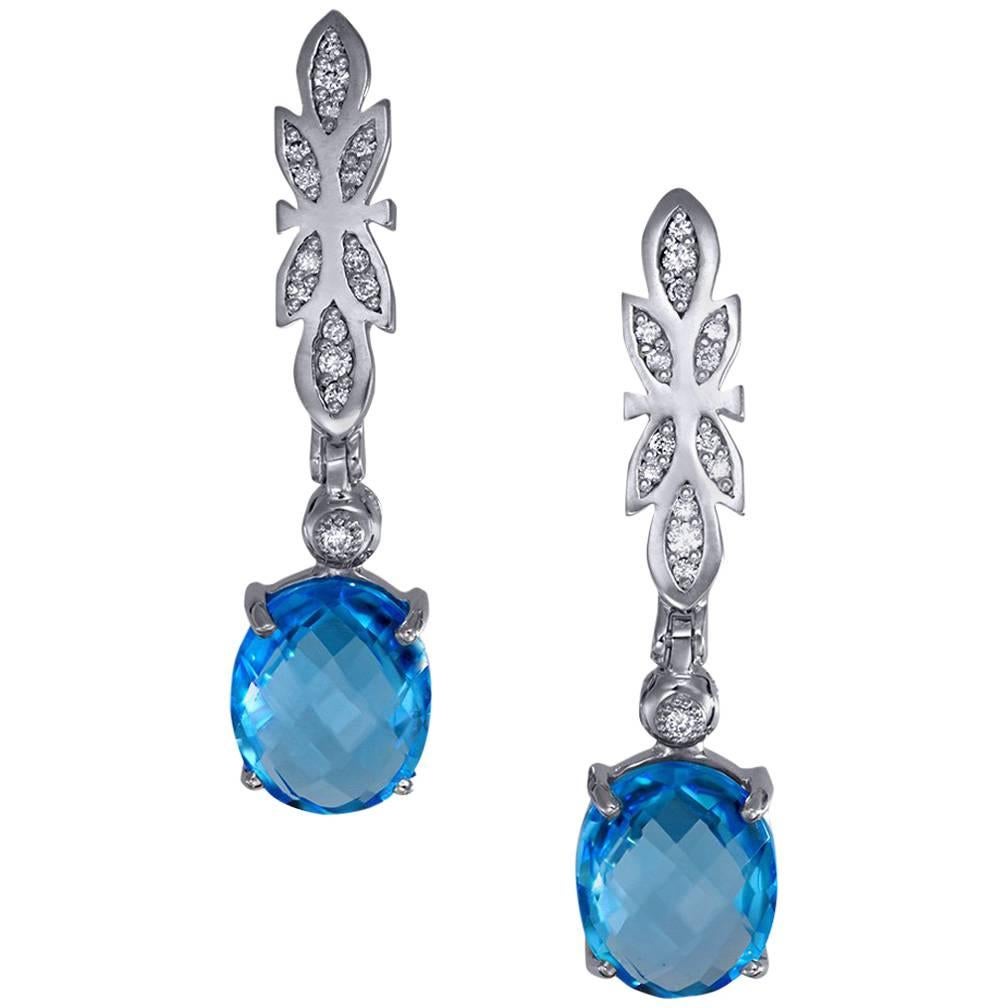 Blue Topaz Diamond Gold Drop Dangle Earrings One of a Kind