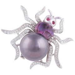 Ella Gafter Tahitian Black Pearl and Diamond White Gold Spider Brooch Pin